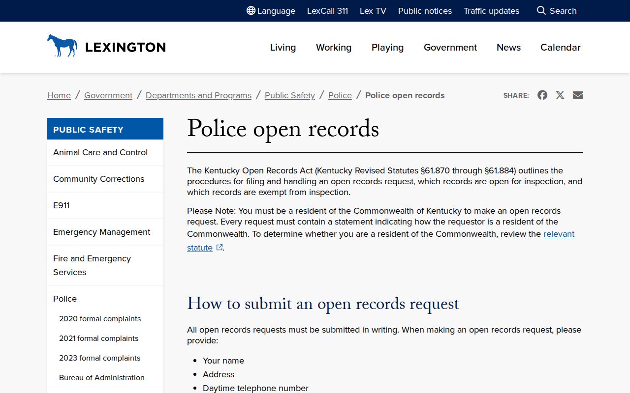 Fayette County arrest report request instructions from Lexington Police open records