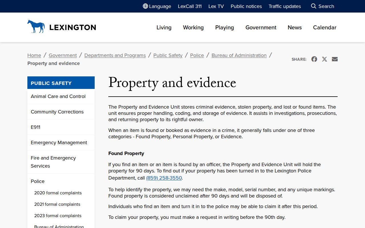 Lexington criminal records office information for Police Central Records